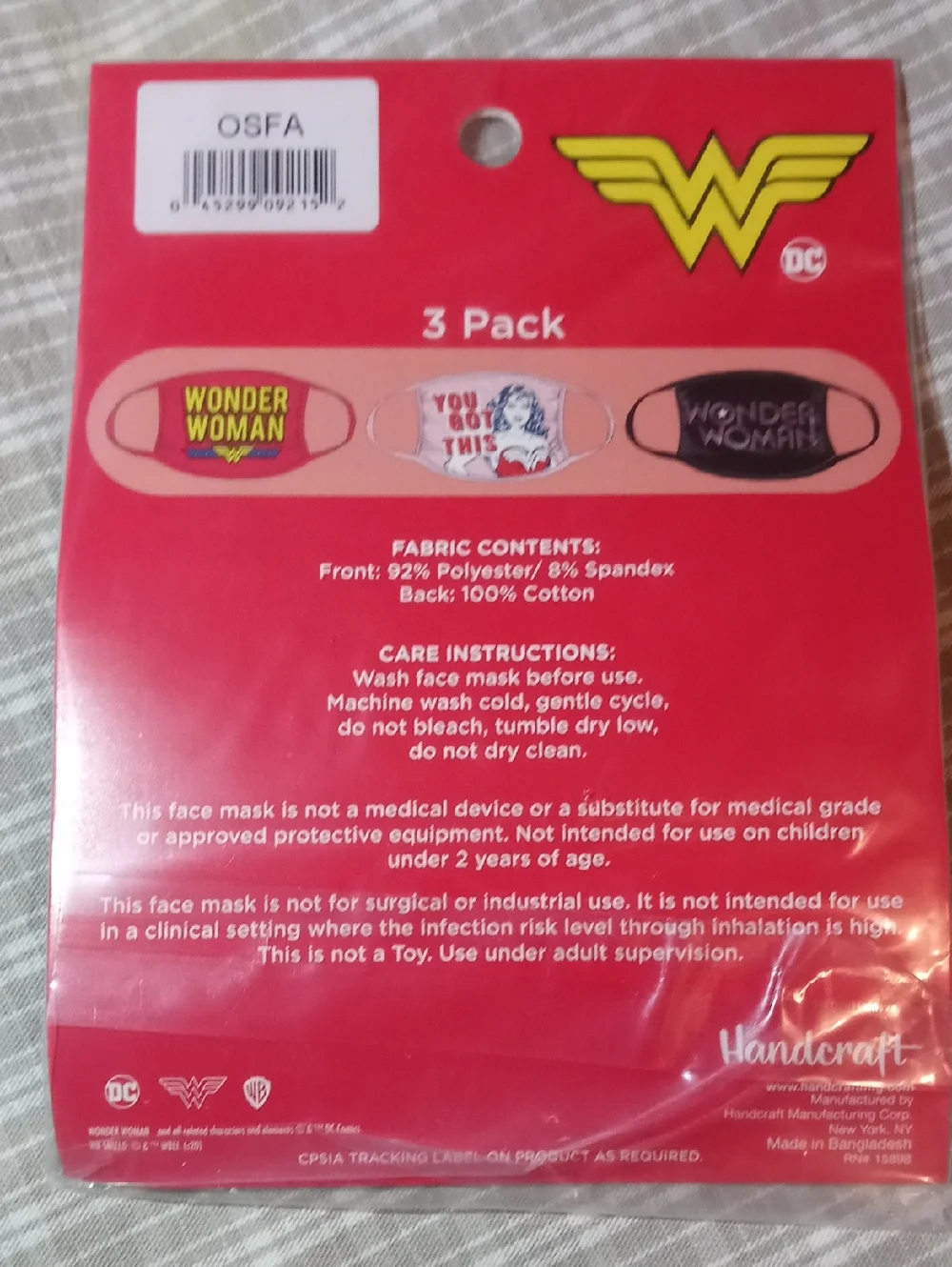 Wonder Woman Kids' Washable Face Masks - 3 Pack (Black, Pink, Red)